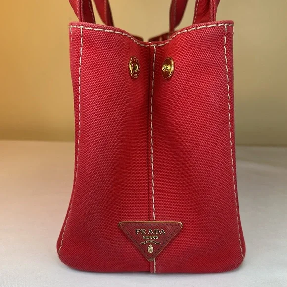 Prada Canapa Red Denim Canvas Snap Sides, Adjustable Removable Strap, Auth Cards - Picture 6 of 16